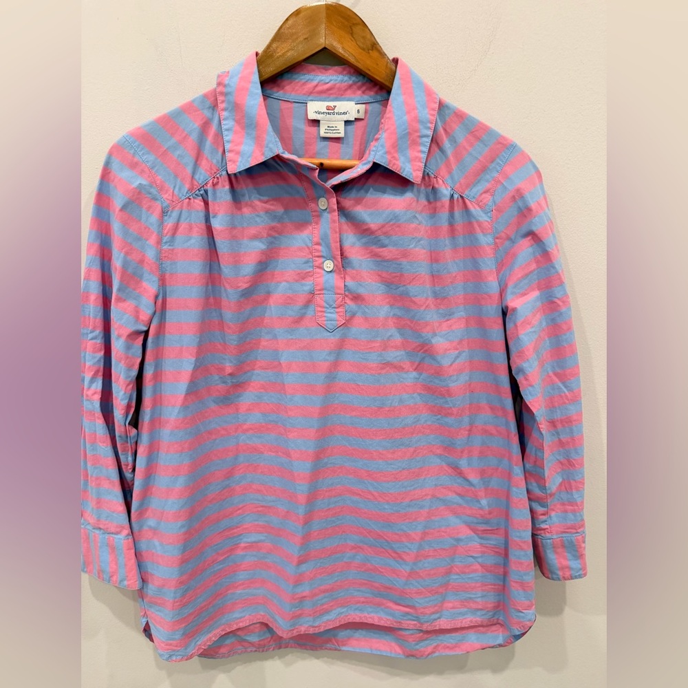 Vineyard Vines Womens Size 6 Pink Blue‎ Stripe Cotton Popover Shirt 3/4 Sleeve